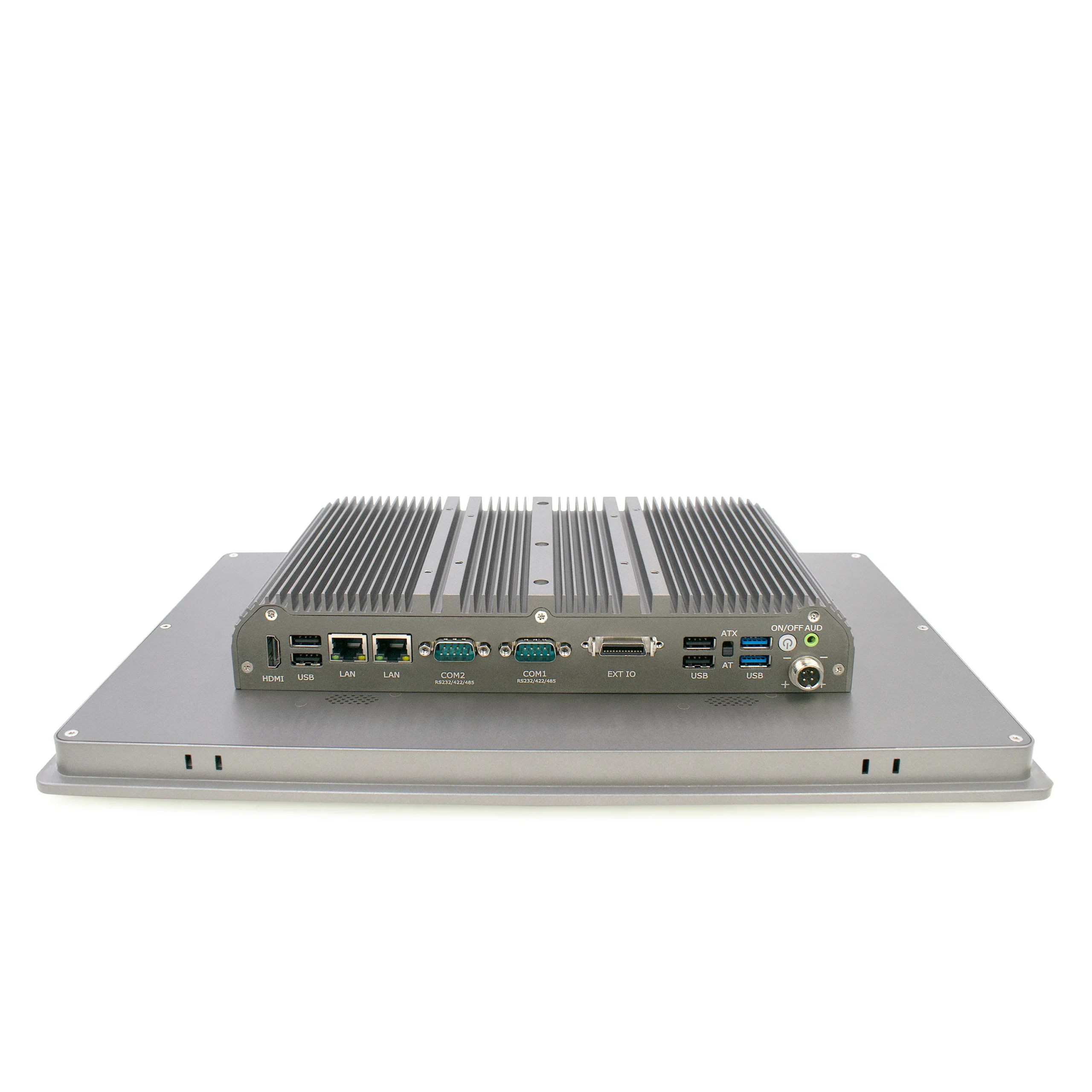 Bottom view of the HST-1501 industrial panel PC showing the physical layout of its I/O ports, including HDMI, multiple USB ports, dual LAN, and COM ports.
