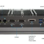 Detailed I/O interface diagram of the HST-1501 industrial panel PC, clearly labeling the HDMI, dual LAN, USB 2.0 and 3.0 ports, COM ports, extended IO, AT/ATX switch, and DC 9-36V power input.