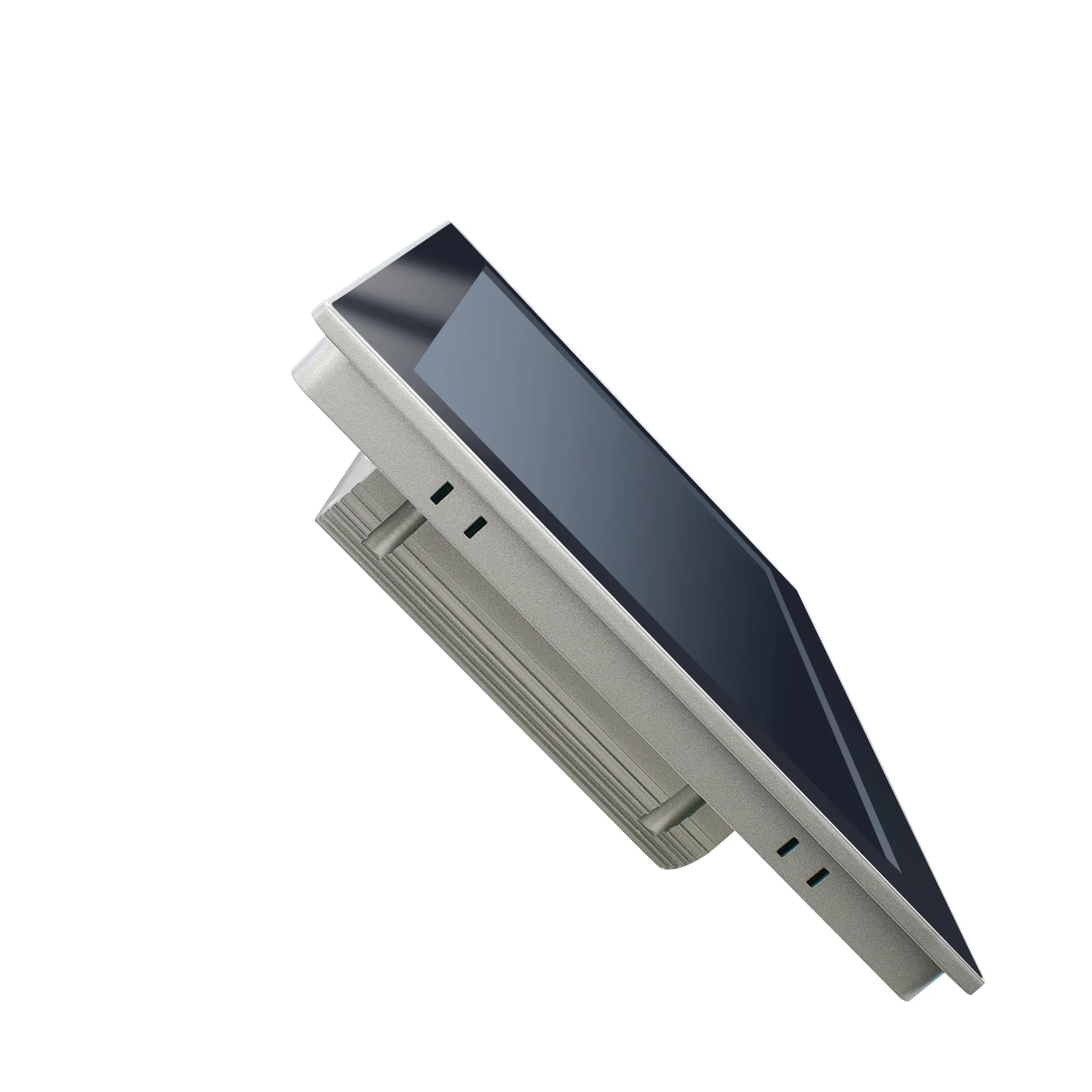 Angled side view of the HST-1501 industrial panel PC, highlighting its true-flat front panel and fanless metal heatsink chassis