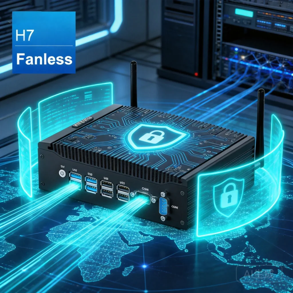 Industrial Mini PC with Intel Core i5-1245U processor featuring advanced network security and firewall protection for secure business computing infrastructure.