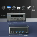 Interface diagram of the HYSTOU M6 mapping its diverse I/O ports to compatible devices like NAS, surveillance cameras, and barcode scanners.