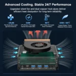 Thermal performance metrics for the HYSTOU M6 B2B Mini PC, showcasing a low 45dB fan noise and stable 24/7 cooling efficiency for enterprise environments.