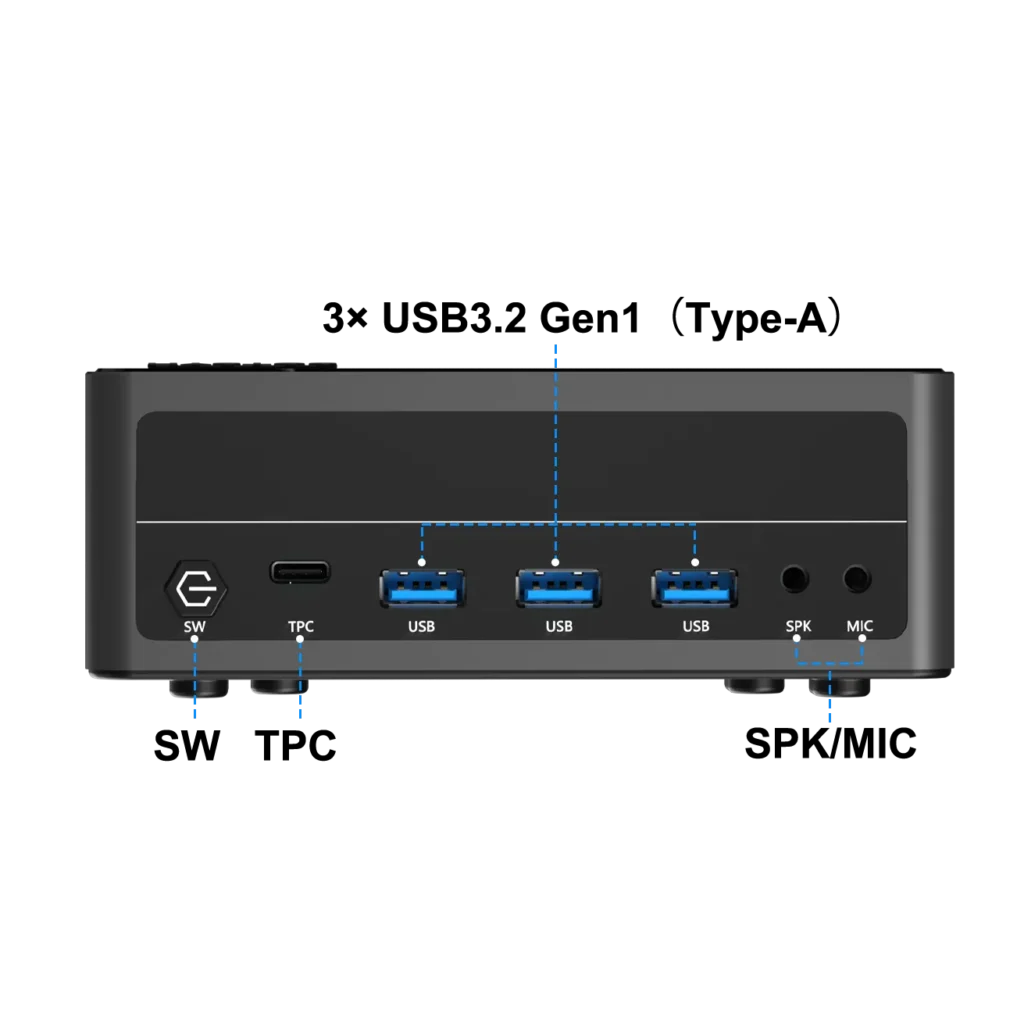 Detailed front I/O layout of the HYSTOU M6 industrial desktop, highlighting three USB 3.2 Gen1 Type-A ports, a Type-C port, and separated audio jacks.