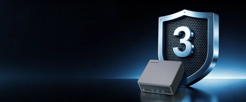 Reliable 3-year warranty and enterprise-grade protection symbol for the HYSTOU M6 Mini PC, assuring long-term durability and after-sales support for B2B buyers.