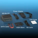 Unboxing the HYSTOU M6 Mini PC: package includes the power adapter, SATA cable, VESA stand for monitor mounting, HD cable, and user manual.
