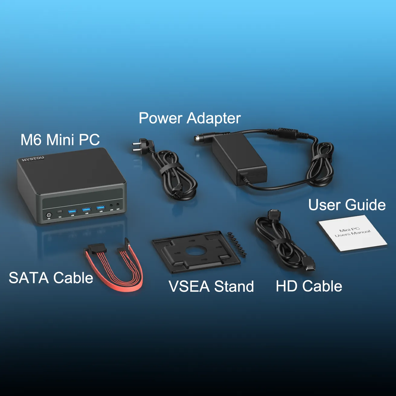 Unboxing the HYSTOU M6 Mini PC: package includes the power adapter, SATA cable, VESA stand for monitor mounting, HD cable, and user manual.