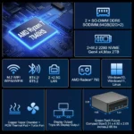Detailed specification grid for the HYSTOU M6 Mini PC, highlighting DDR5 memory, dual 2.5G LAN, WiFi 6, and triple 4K display capabilities.