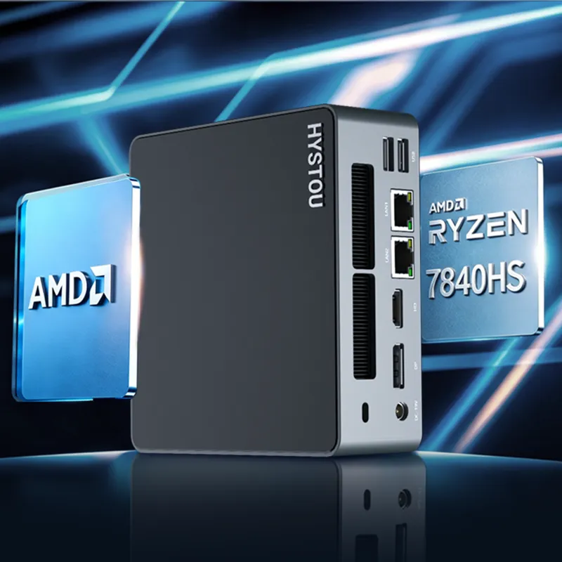 The HYSTOU M6 Ryzen 7 7840HS Mini PC highlighted alongside glowing AMD Ryzen processor badges.