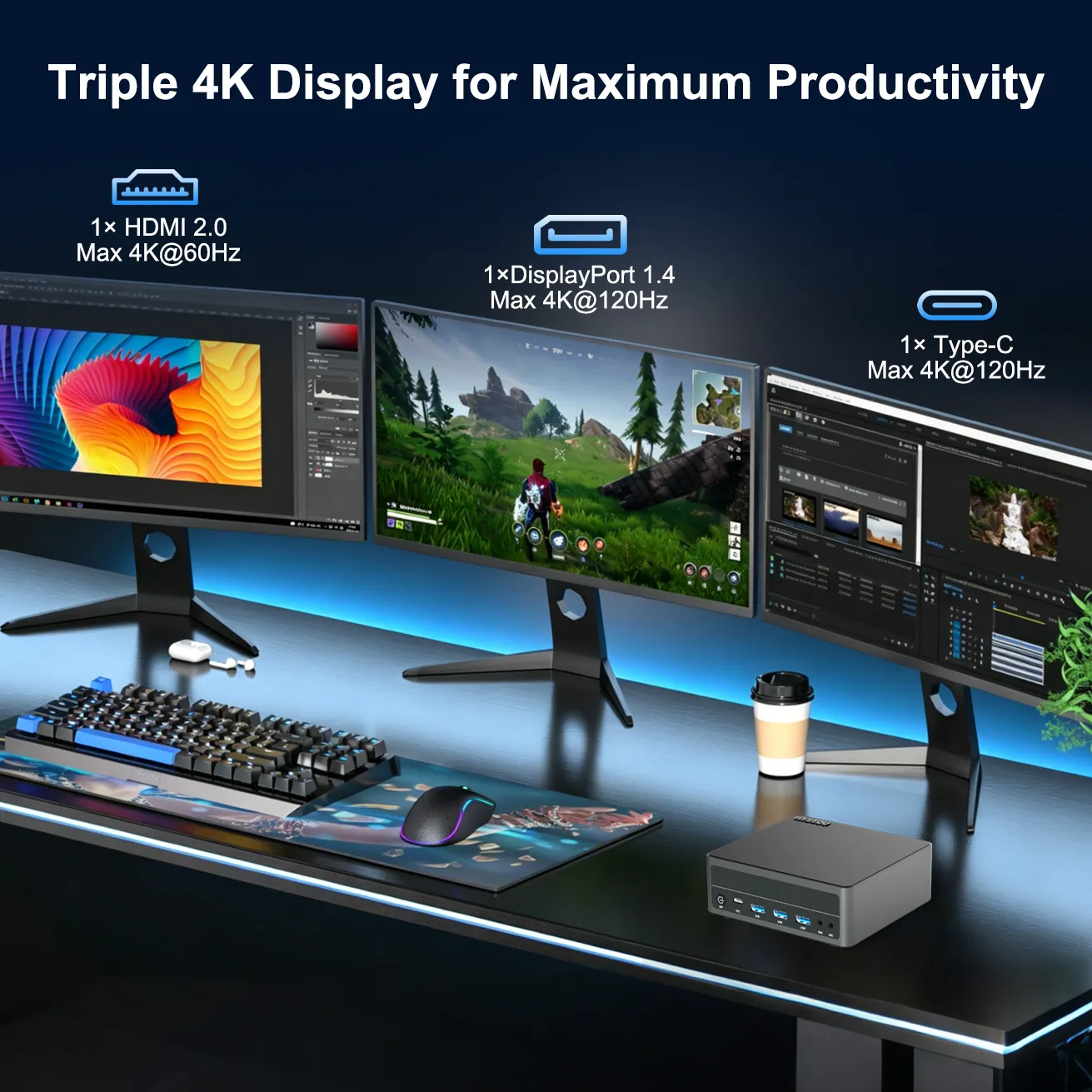 HYSTOU M6 Ryzen 7 7840HS Mini PC driving a triple 4K monitor setup, maximizing productivity for IT and automation workflows.
