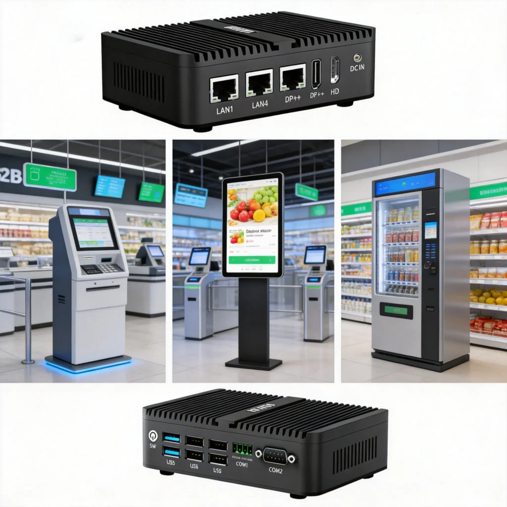 Compact Mini PC powering smart retail self-checkout kiosks, digital price tags and intelligent vending machines for modern retail automation.
