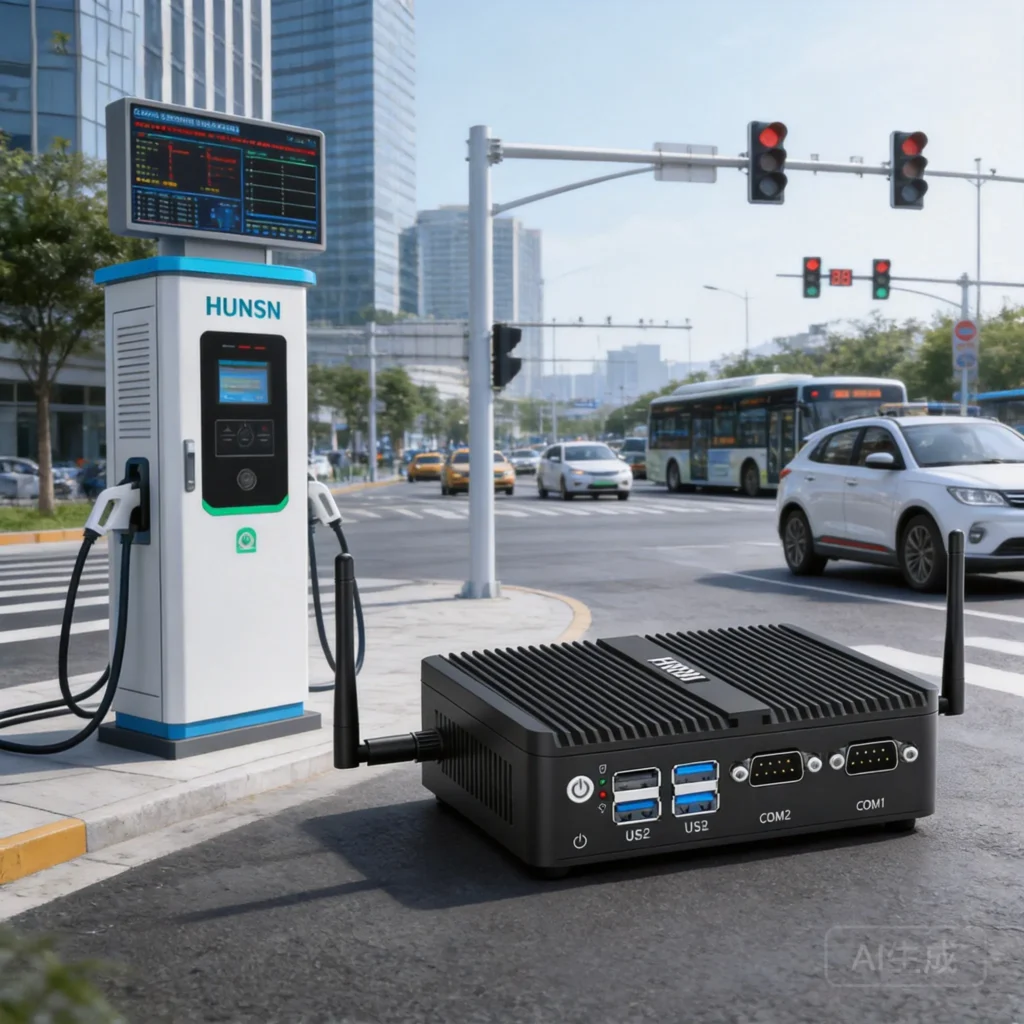 Compact Mini PC embedded in smart transportation infrastructure for intelligent traffic management, EV charging stations and autonomous vehicle control systems.
