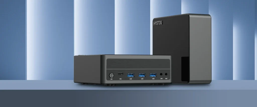 Dual orientation showcase of the Ryzen 7-7840HS mini computer, demonstrating both horizontal and vertical placement options for flexible spatial integration.