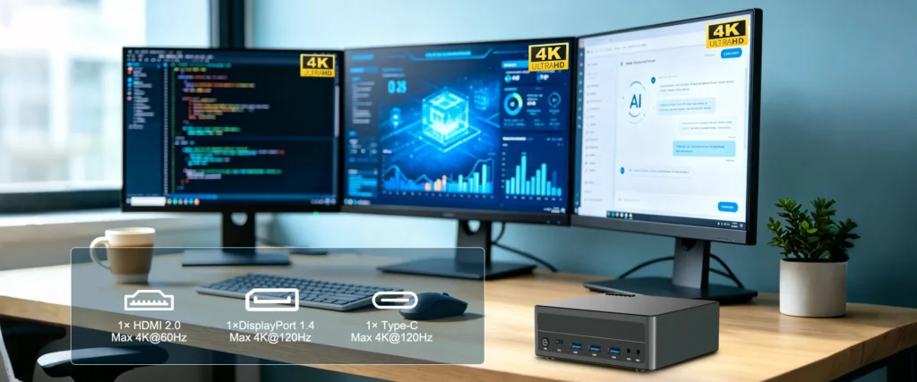 A multi-monitor workstation powered by the Ryzen 7 7840HS Mini PC, driving three independent 4K displays via HDMI, DisplayPort, and Type-C for professional productivity.