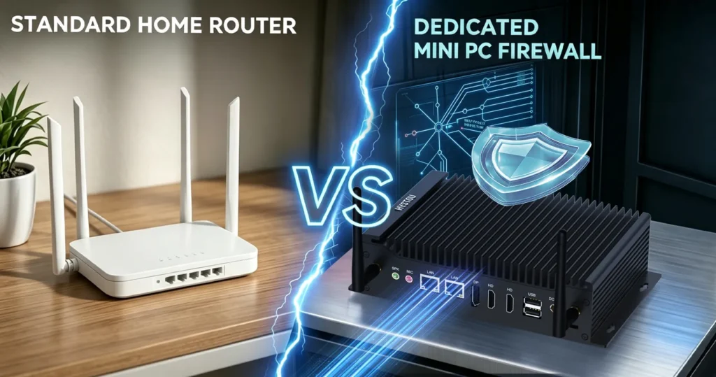 Comparison between a standard home Wi-Fi router and a dedicated multi-port mini PC firewall