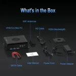 Complete accessories for the HYSTOU H4-12th Mini PC, including the mini PC unit, WiFi antennas, HD cable, VESA bracket, SATA cable, user manual, power cord, and power adapter.