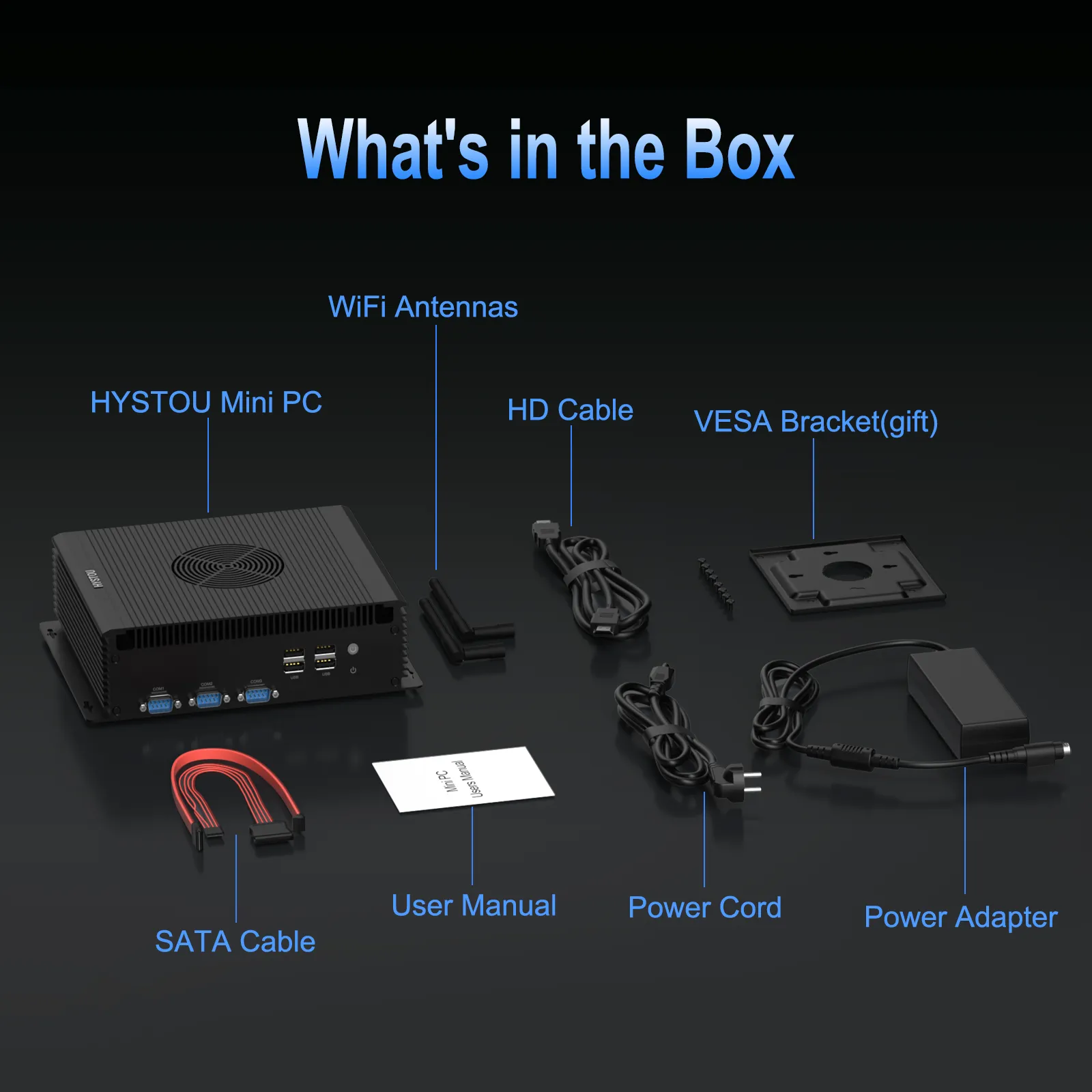 Complete accessories for the HYSTOU H4-12th Mini PC, including the mini PC unit, WiFi antennas, HD cable, VESA bracket, SATA cable, user manual, power cord, and power adapter.