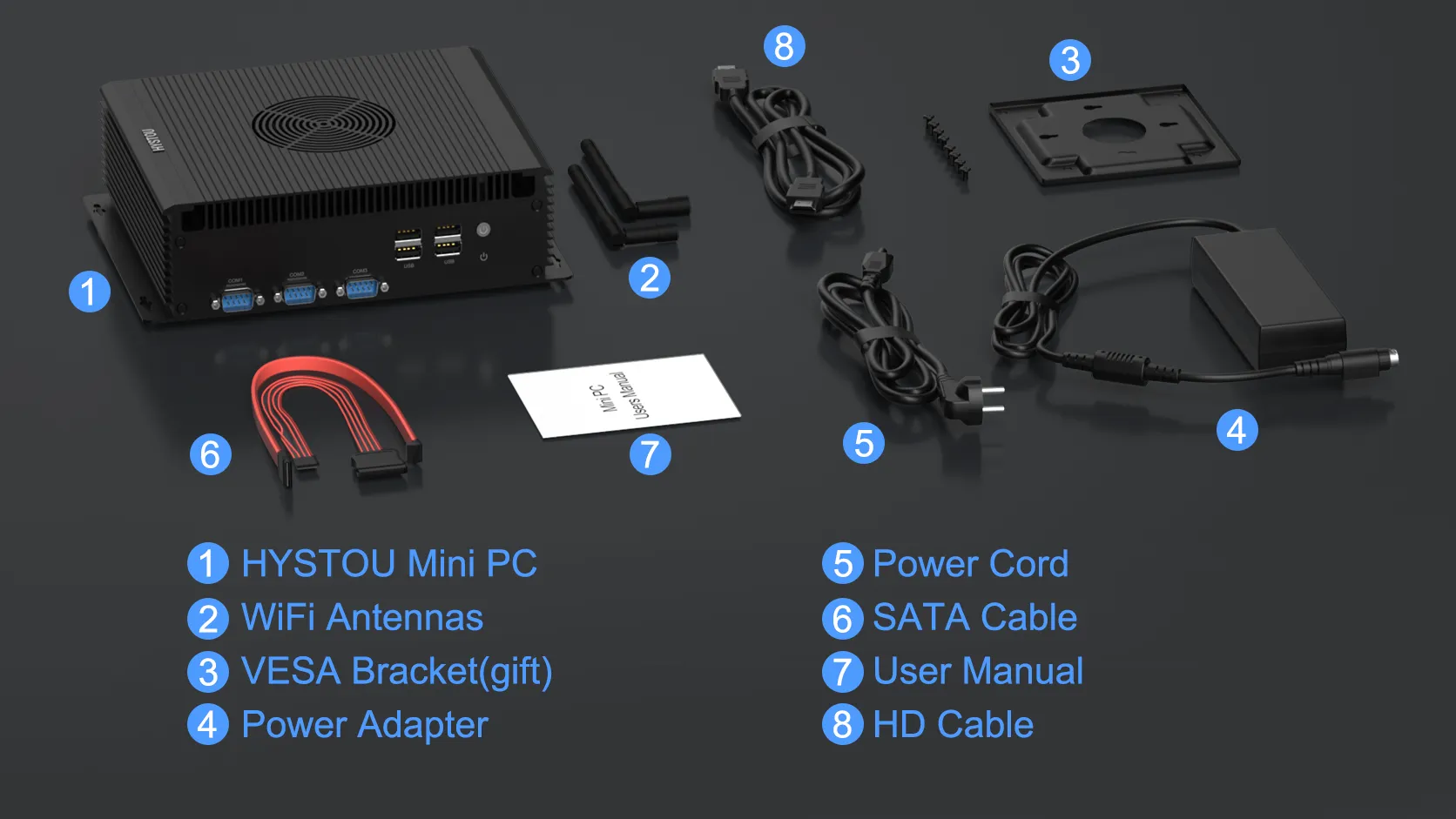 hystou h4-12th v2 accessories including pc, wifi antennas, vesa mount, power adapter, power cord, sata cable, manual and hdmi cable