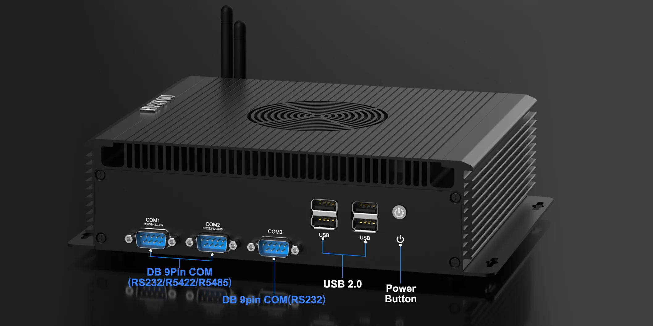 hystou h4-12th v2 front panel with power button, 4 usb 2.0 and 3 db9 com ports