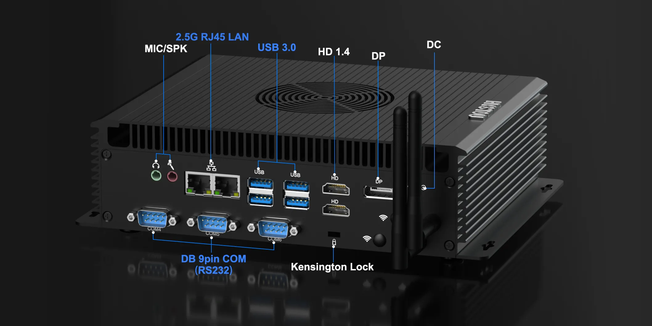 hystou h4-12th v2 rear io ports with dual 2.5g lan, 4 usb 3.0, dual hdmi, dp and dual com