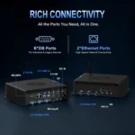 Interface diagram of the HYSTOU H4-12th Mini PC highlighting its rich connectivity, including 6 DB ports for industrial devices, dual 2.5G Ethernet ports (RJ45), 4x USB 3.0, 2x HD, 1x DP, 3x DB9 COM on the front, and 3x DB9 COM plus USB 2.0 on the rear.