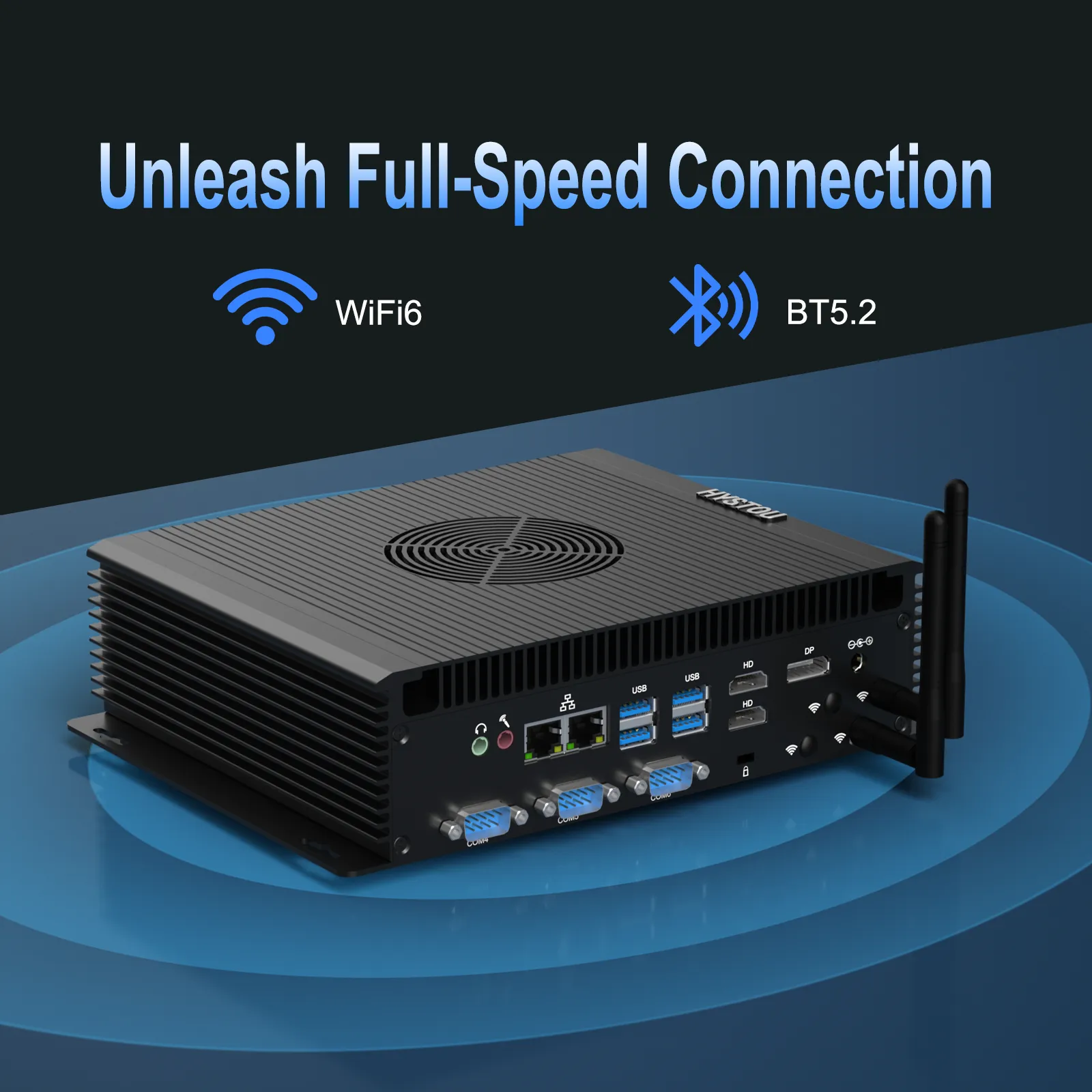 HYSTOU H4-12th Mini PC with dual external antennas highlighted, demonstrating fast wireless connectivity with WiFi 6 and Bluetooth 5.2.