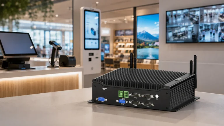 HYSTOU industrial mini PC for business with fanless cooling in a commercial retail environment