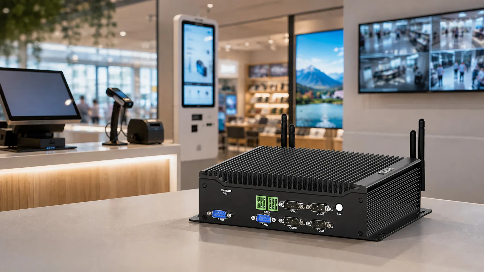 HYSTOU industrial mini PC for business with fanless cooling in a commercial retail environment