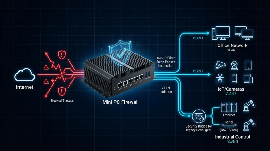Network topology diagram showing a mini PC firewall bridging modem and local VLAN network isolation