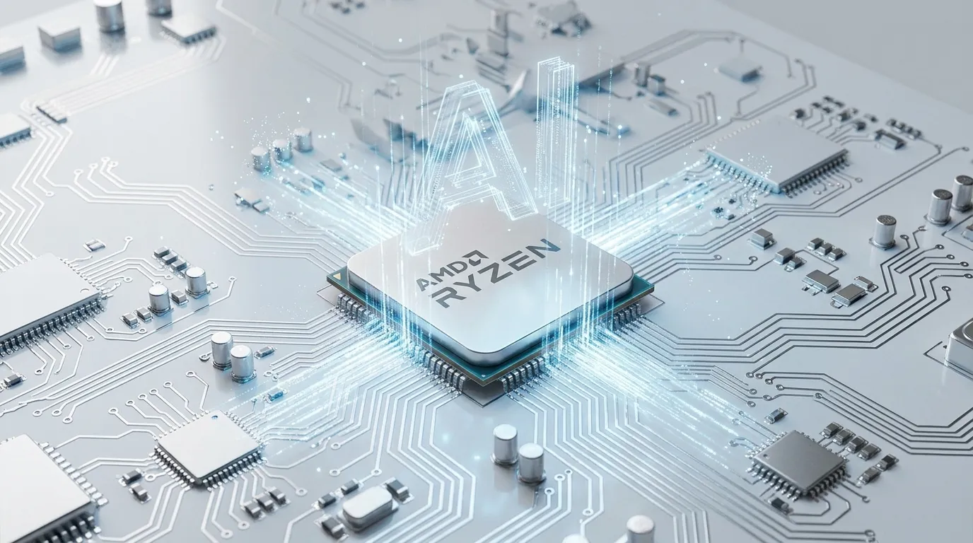 A close-up of an AMD Ryzen processor on a circuit board with a glowing 'A' symbol representing AI, highlighting the powerful computing and AI performance of the HYSTOU M6-R7 mini PC.