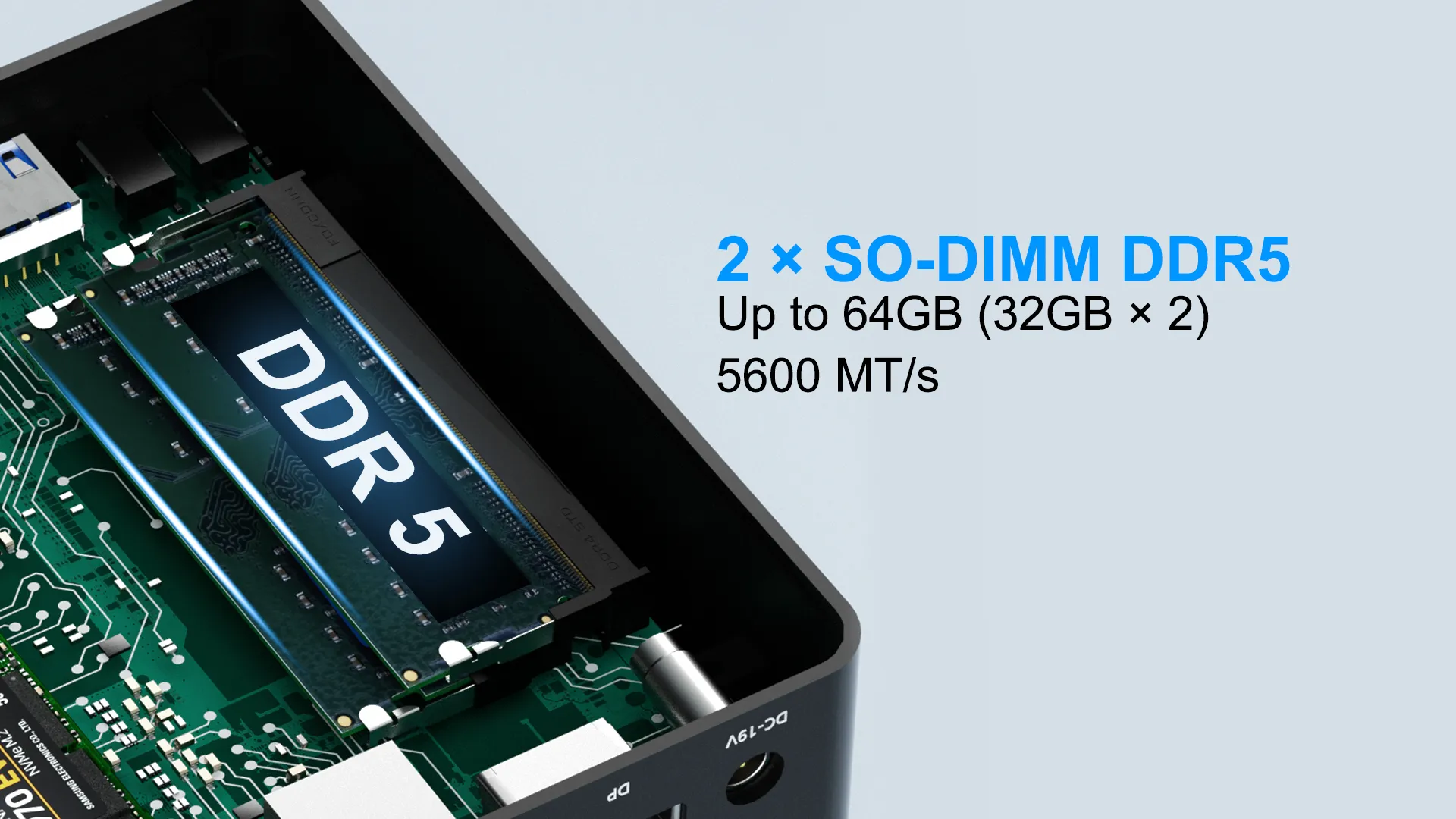Internal view of the HYSTOU M6-R7 mini PC highlighting 2 x SO-DIMM DDR5 memory slots supporting up to 64GB at 5600 MT/s.