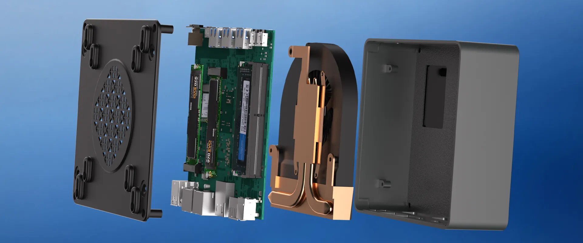 Exploded view of the HYSTOU M6-R7 mini PC revealing its internal hardware components, including the motherboard with SSD and RAM, advanced copper heat pipe cooling system, bottom vented cover, and chassis.