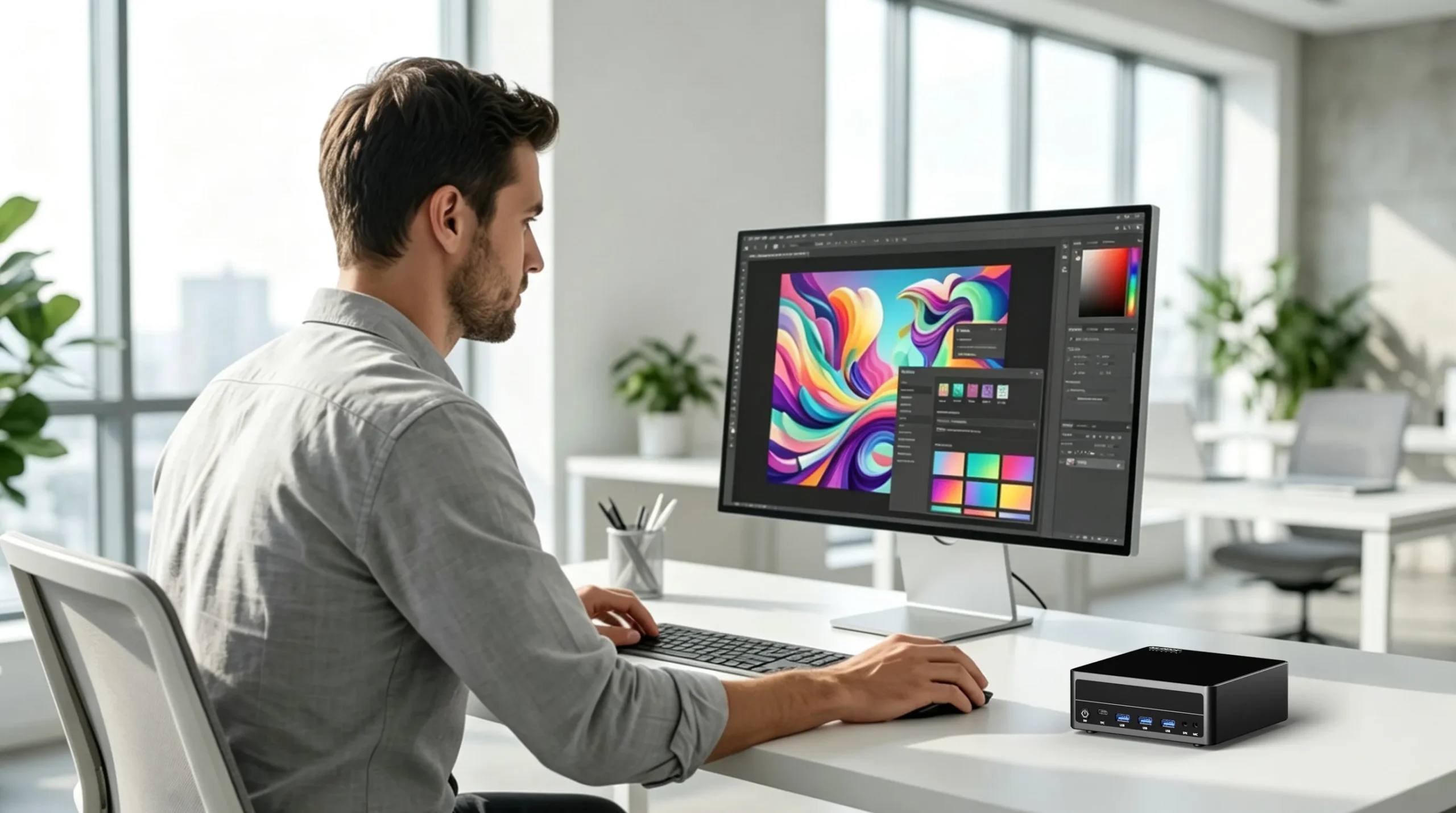 A man working on a vibrant graphic design project using professional design software on a monitor, with the HYSTOU M6-R7 mini PC placed on his modern office desk.