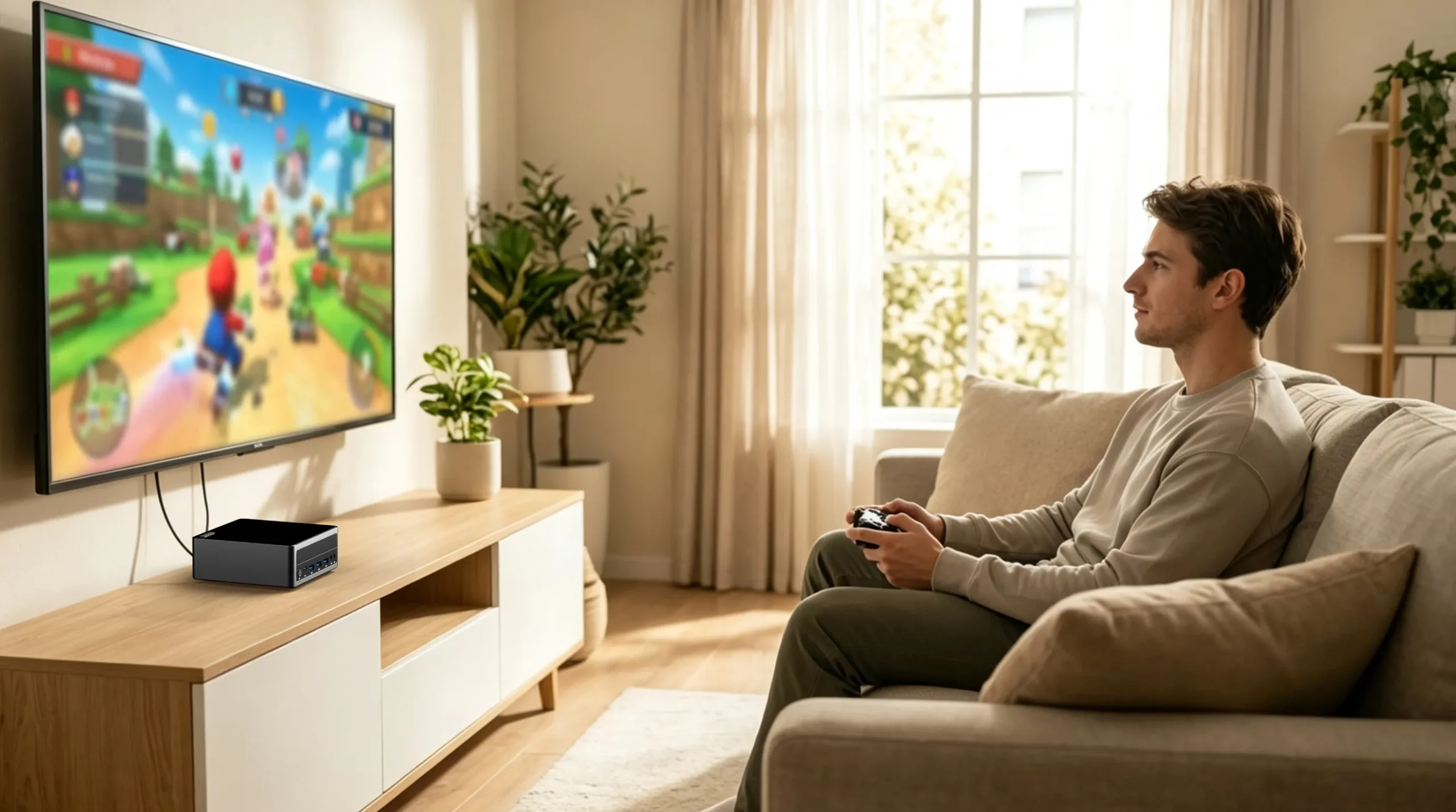 A man sitting on a sofa playing a 3D video game on a large TV with a controller, while the compact HYSTOU M6-R7 mini PC sits on the wooden TV stand in a cozy living room.