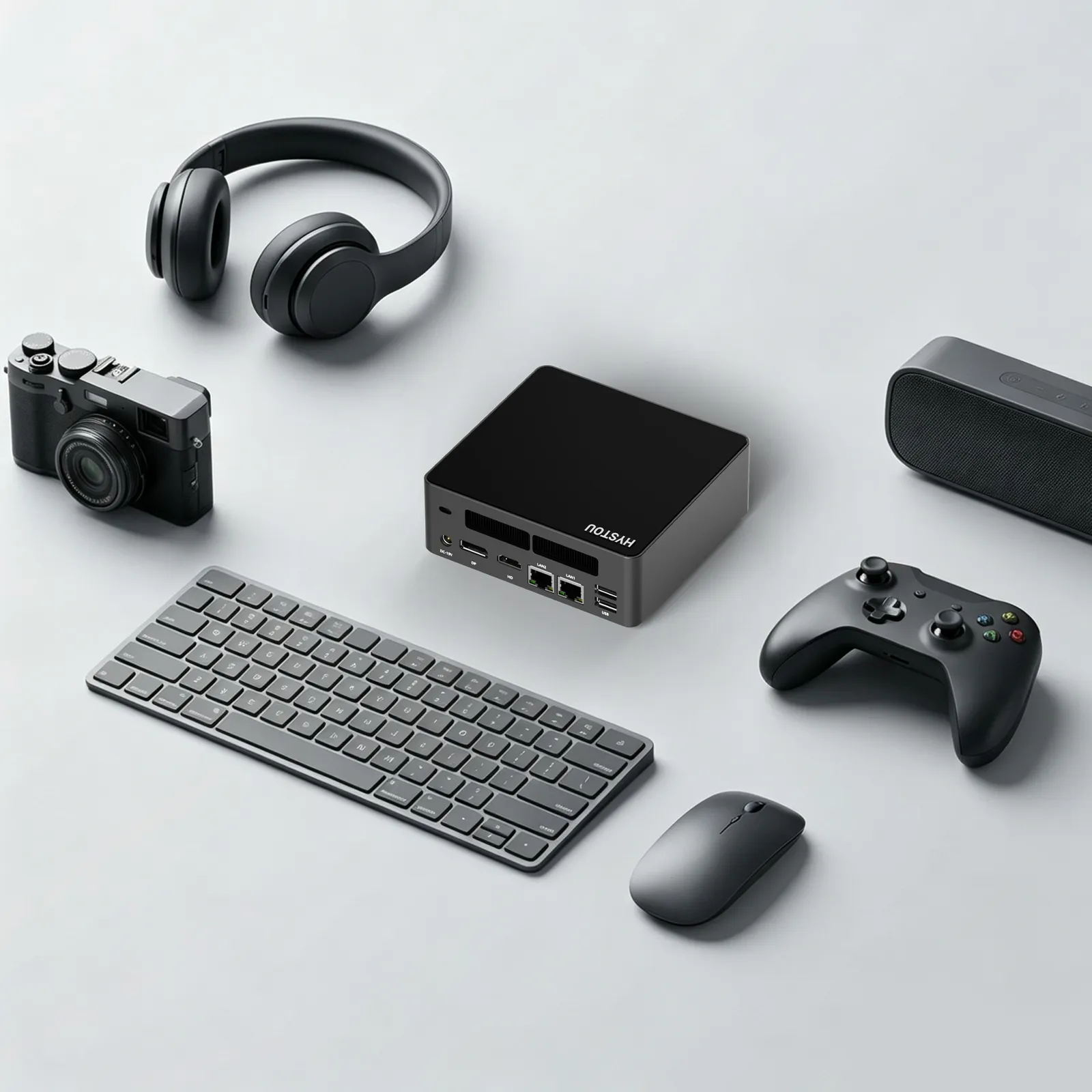 Flat lay of the HYSTOU M6-R7 mini PC surrounded by a wireless keyboard, mouse, gaming controller, headphones, digital camera, and Bluetooth speaker, showcasing its versatile connectivity.