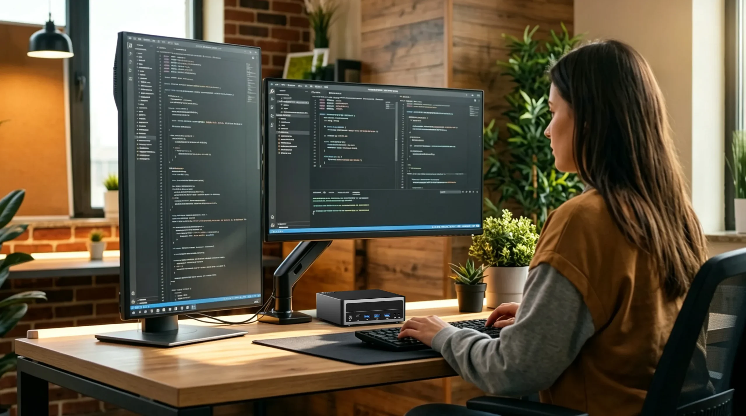 A female developer writing code on a dual-monitor setup, powered by the compact HYSTOU M6-R7 mini PC on her wooden office desk.