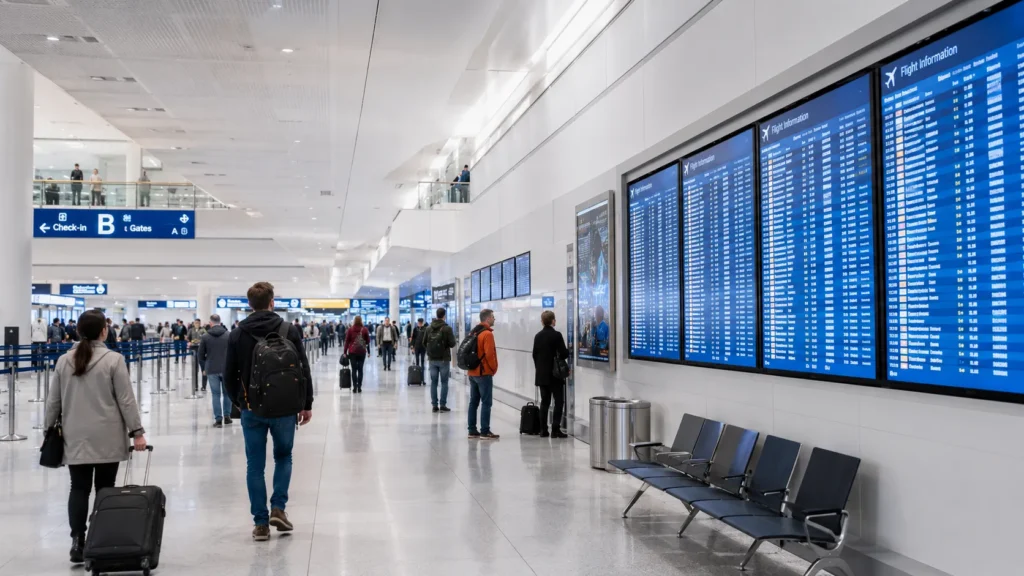 Passengers walking inside a modern airport terminal next to large digital signage screens displaying real-time flight information.