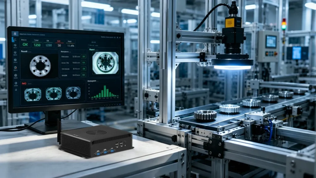 An automated quality control system featuring an industrial PC and a monitor displaying machine vision data, performing real-time defect inspection on metal gears moving along an automated conveyor belt.