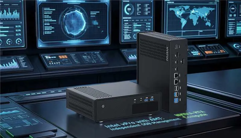 HYSTOU GT-U Mini PC with Intel vPro AMT out-of-band management and NVIDIA RTX graphics for dual graphics mode configuration.