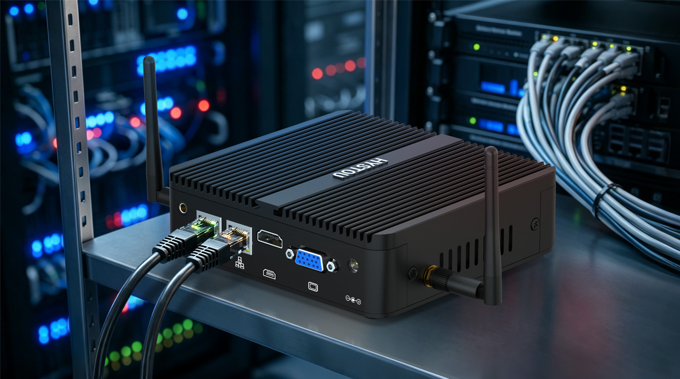 HYSTOU H3 fanless mini PC firewall appliance running pfSense with dual Intel LAN ports connected in a server room