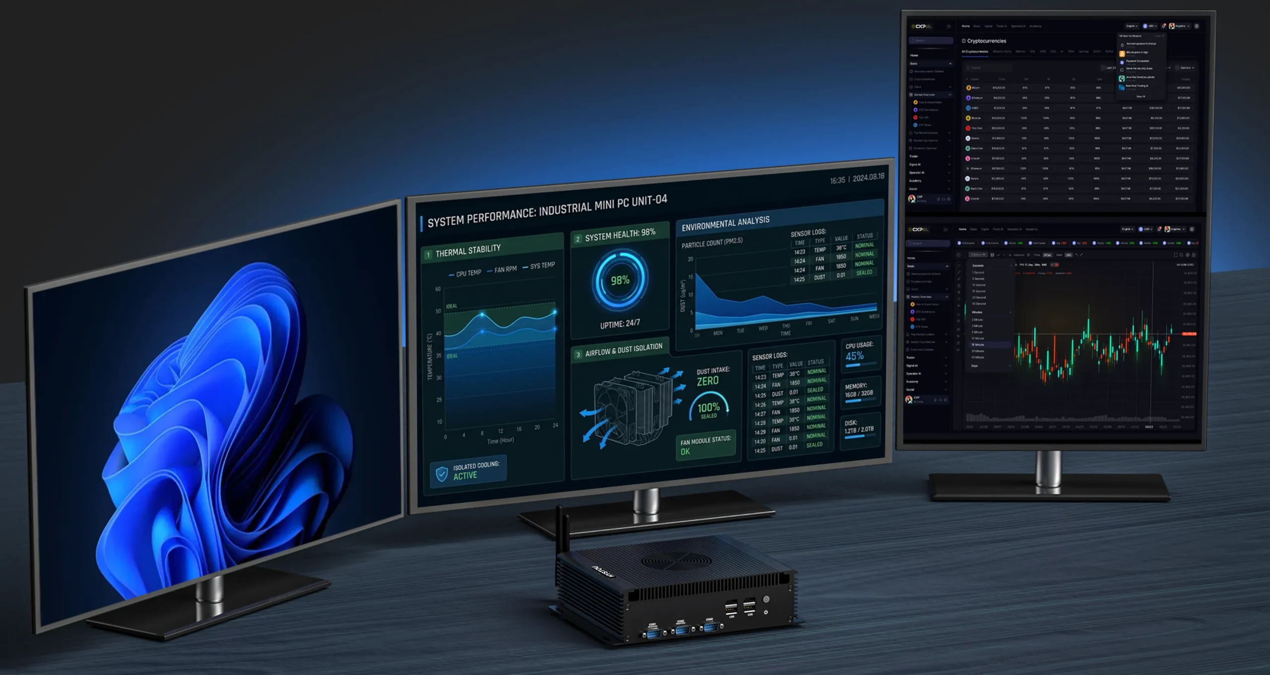 hystou h4-12th v2 connecting to three displays showing system and financial data dashboards