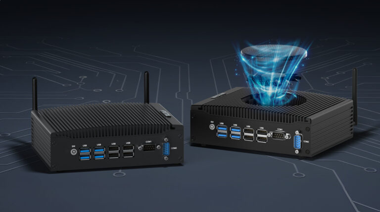 Side-by-side comparison of a Hystou h7 fanless mini PC and a h7 active cooling fan mini PC on a dark circuit tech background.
