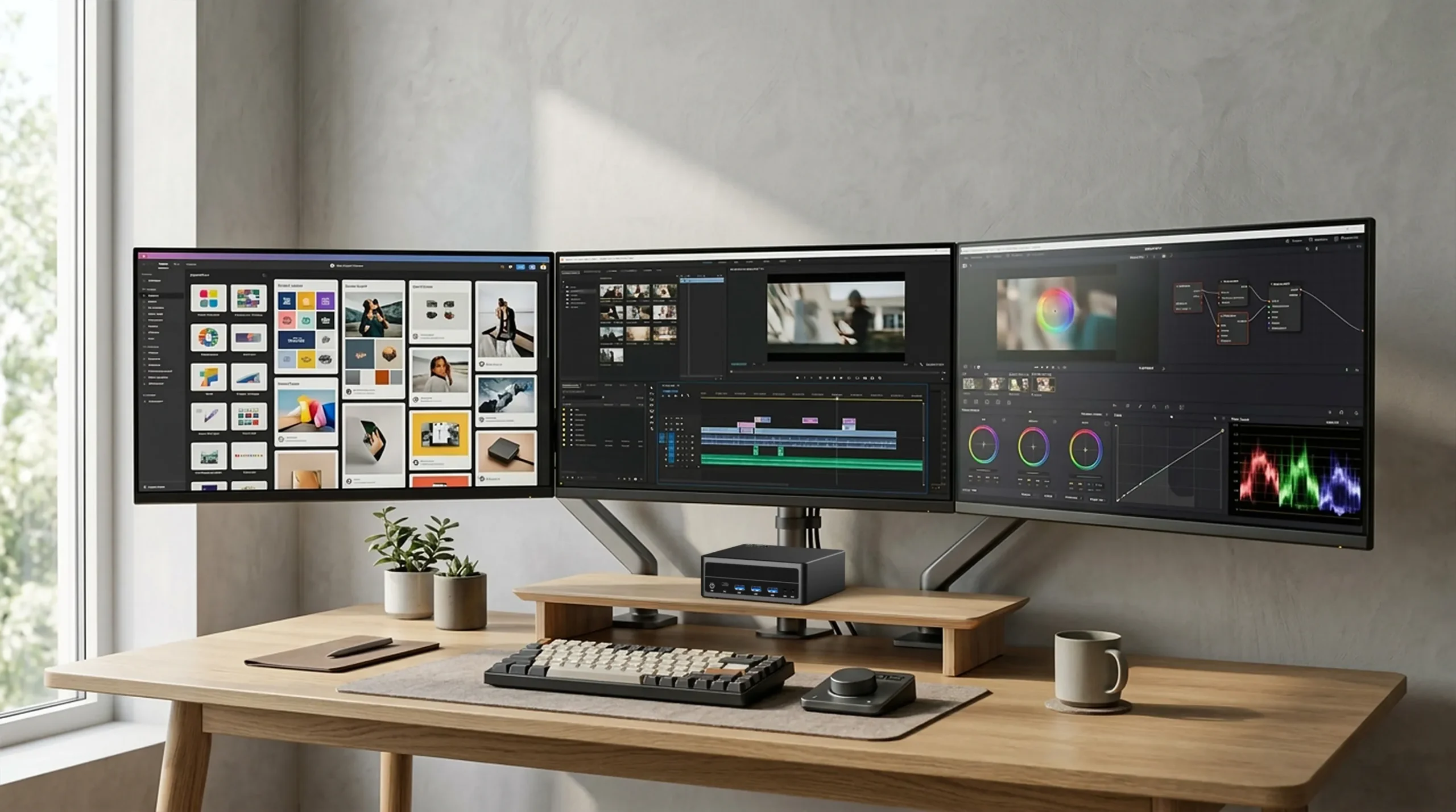 Hystou M6-R7 mini PC powering a triple-monitor creative workstation on a wooden desk, running video editing and graphic design software.