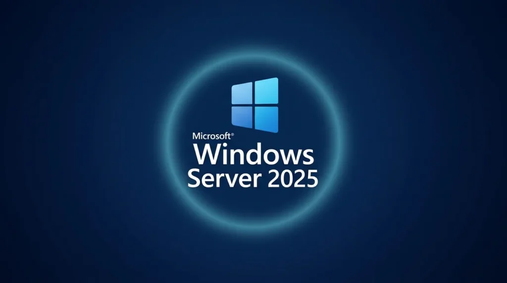 Microsoft Windows Server 2025 logo on a dark blue background, featuring a glowing light blue circular border and the text "Microsoft Windows Server 2025".
