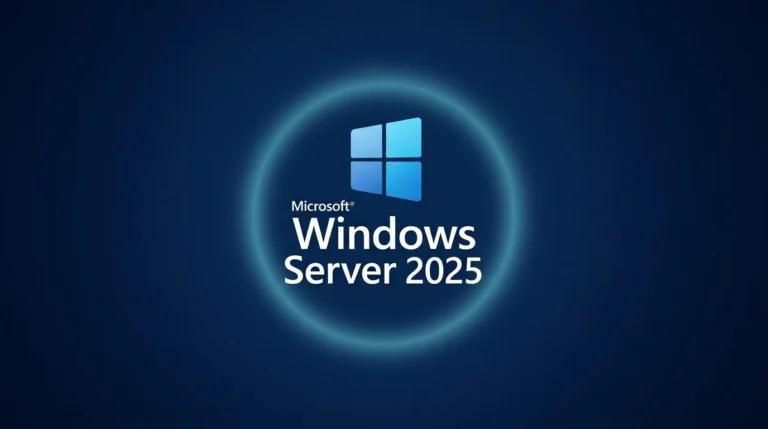 Microsoft Windows Server 2025 logo on a dark blue background, featuring a glowing light blue circular border and the text "Microsoft Windows Server 2025".
