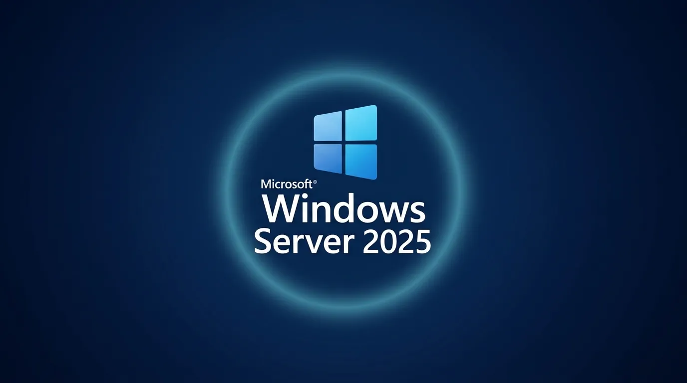 Microsoft Windows Server 2025 logo on a dark blue background, featuring a glowing light blue circular border and the text "Microsoft Windows Server 2025".