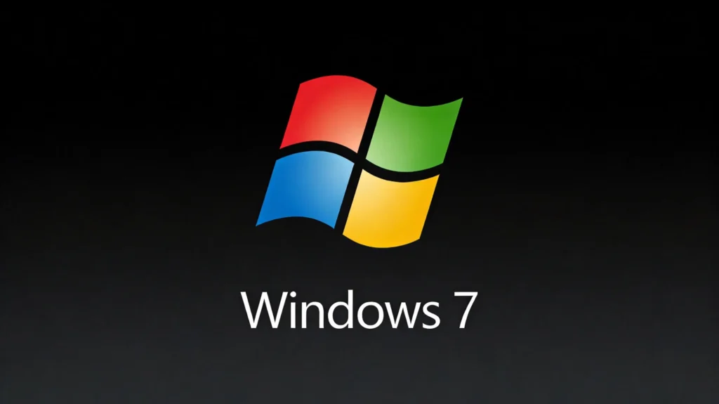 Classic Windows 7 logo featuring four colored wavy window panes (red, green, blue, yellow) with the text "Windows 7" below on a dark black background.