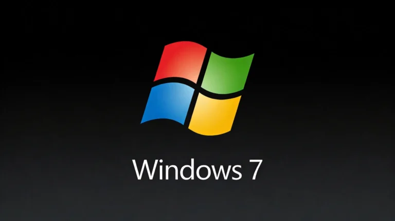Classic Windows 7 logo featuring four colored wavy window panes (red, green, blue, yellow) with the text "Windows 7" below on a dark black background.