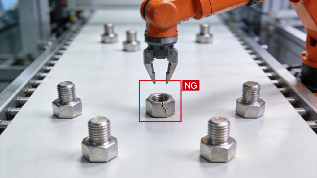 Edge computer vision quality inspection: a defective metal part marked with a red bounding box and NG label on a conveyor belt while an industrial robotic arm prepares to remove it