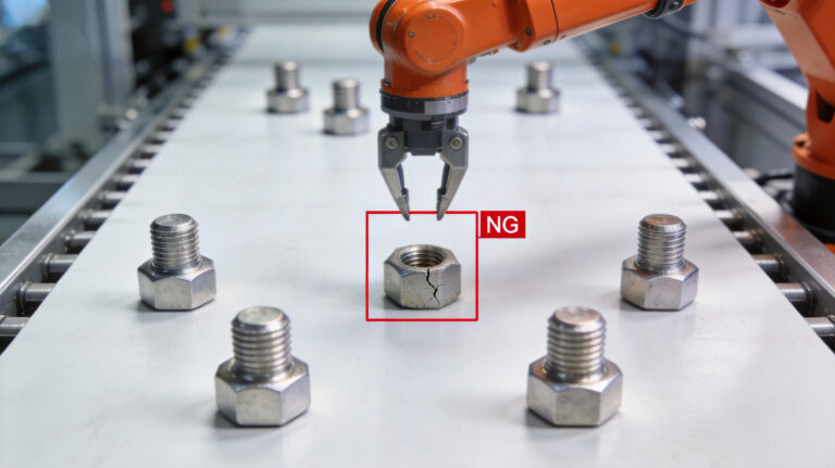 Edge computer vision quality inspection: a defective metal part marked with a red bounding box and NG label on a conveyor belt while an industrial robotic arm prepares to remove it