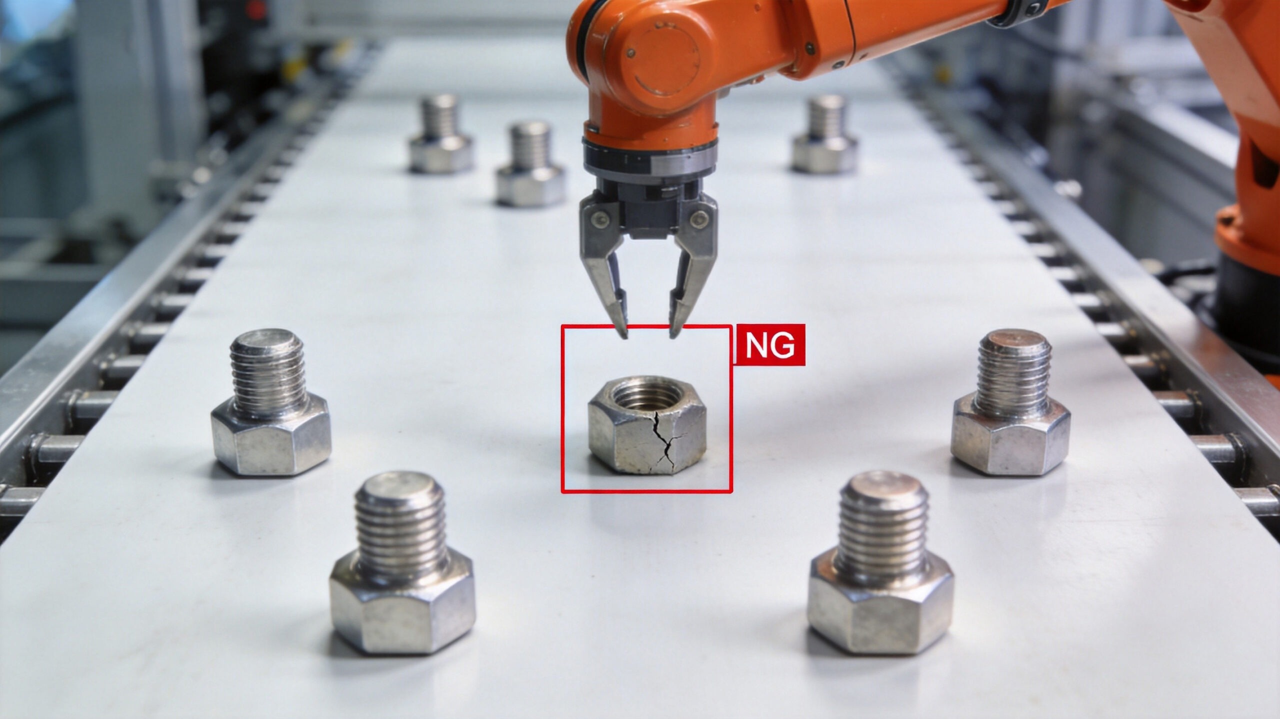 Edge computer vision quality inspection: a defective metal part marked with a red bounding box and NG label on a conveyor belt while an industrial robotic arm prepares to remove it
